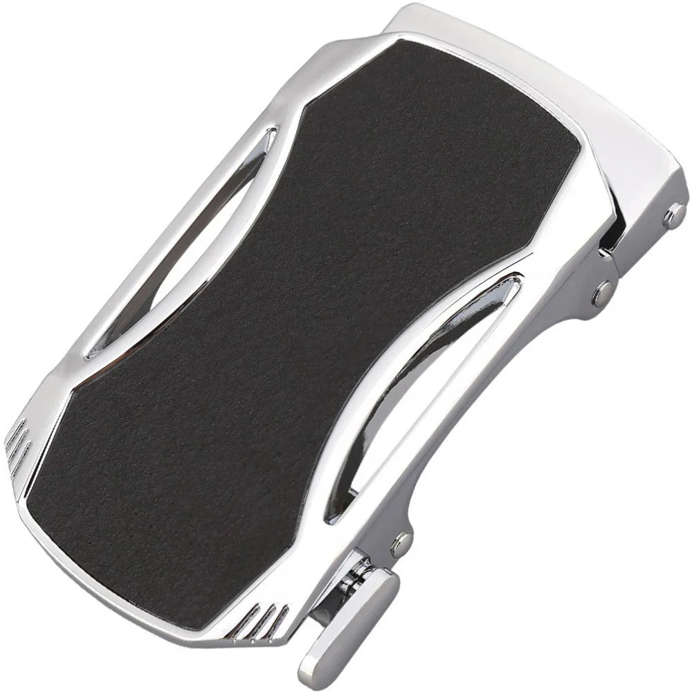 Modern men's automatic ratchet belt buckle with black leather and chrome finish