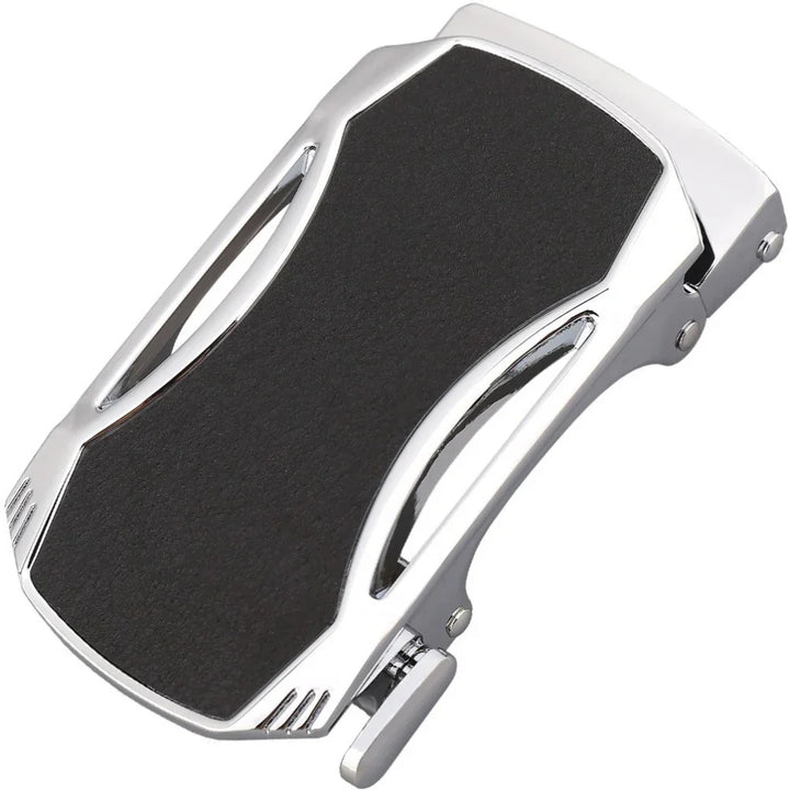 Modern men's automatic ratchet belt buckle with black leather and chrome finish