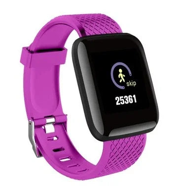 Purple fitness smartwatch with step counter showing 25361 steps on black touchscreen