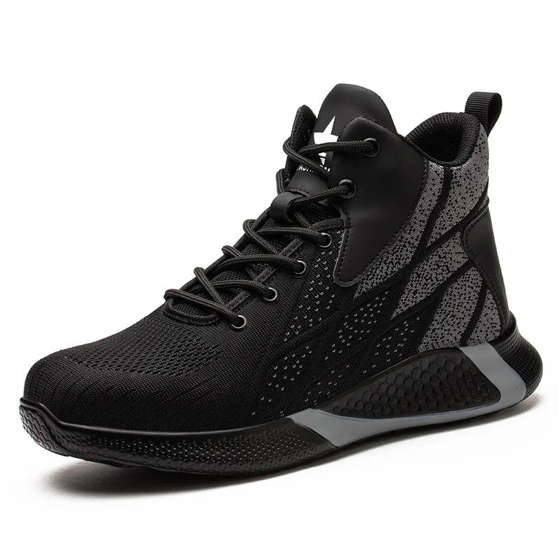 black and gray high-top athletic sneaker with textured sole and mesh fabric upper