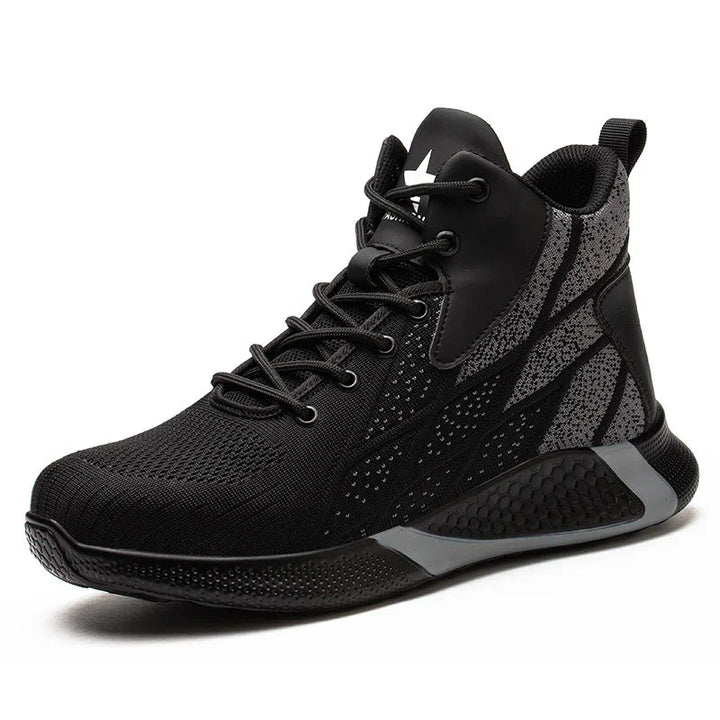 black and gray high-top athletic sneaker with textured sole and mesh fabric upper