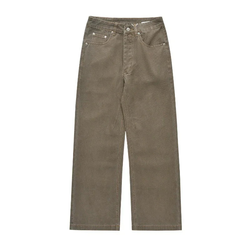 Brown wide-leg corduroy pants with front pockets and button closure on white background