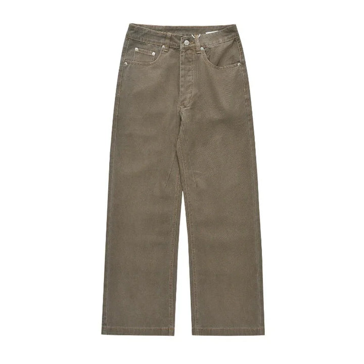 Brown wide-leg corduroy pants with front pockets and button closure on white background