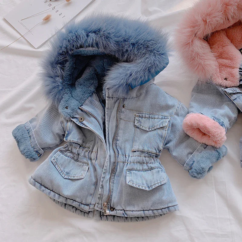 Light blue denim toddler jacket with blue faux fur hood and cuffs, front pockets, and zipper closure