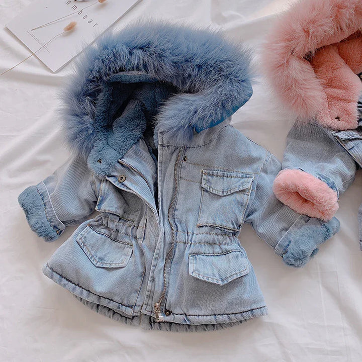 Light blue denim toddler jacket with blue faux fur hood and cuffs, front pockets, and zipper closure