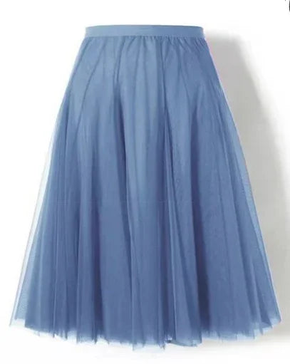 Blue tulle midi skirt with a gathered waistband and layered sheer fabric