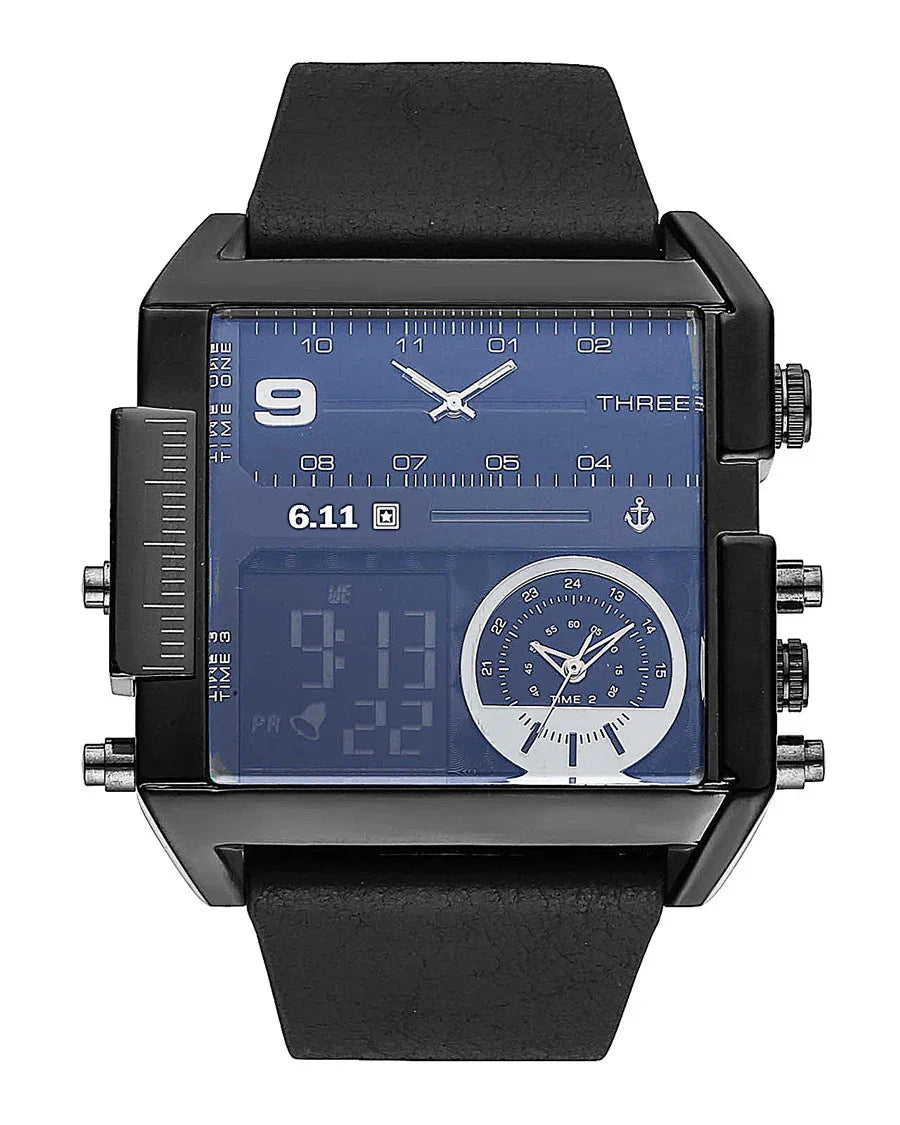 Square black metal wristwatch with blue multifaceted dial, analog and digital display, black leather strap