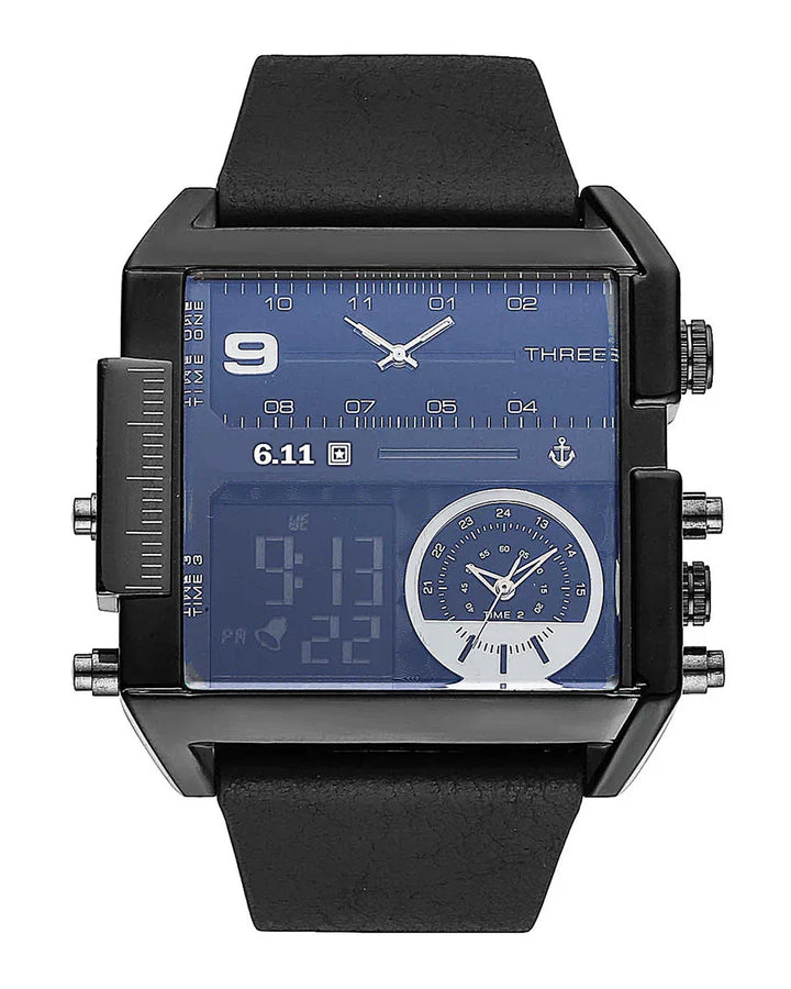 Square black metal wristwatch with blue multifaceted dial, analog and digital display, black leather strap