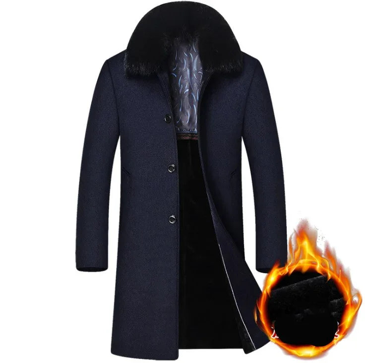 Men's navy blue winter coat with black fur collar and warm inner lining, heated fleece detail