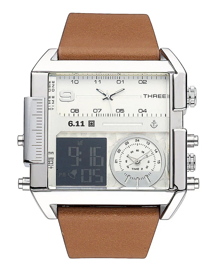 Square silver wristwatch with brown leather strap, multiple analog and digital dials, and unique design