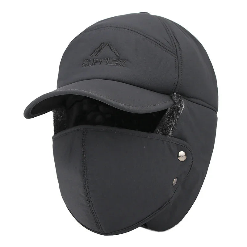 Black winter cap with ear flaps, detachable face mask, and embroidered Supplex logo