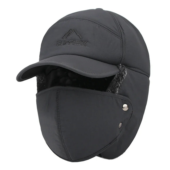 Black winter cap with ear flaps, detachable face mask, and embroidered Supplex logo