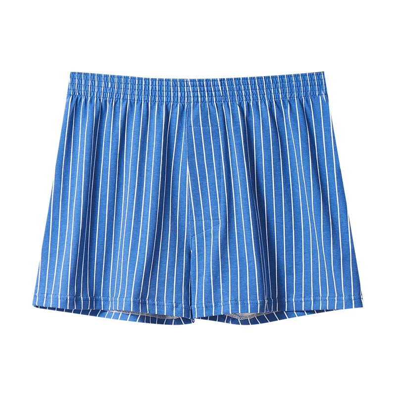 Blue men's boxer shorts with white vertical pinstripes and elastic waistband