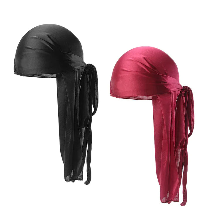 Black and red satin durag headwear with long tails for stylish hair protection