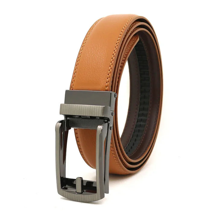 tan leather men's belt with black automatic ratchet buckle on white background