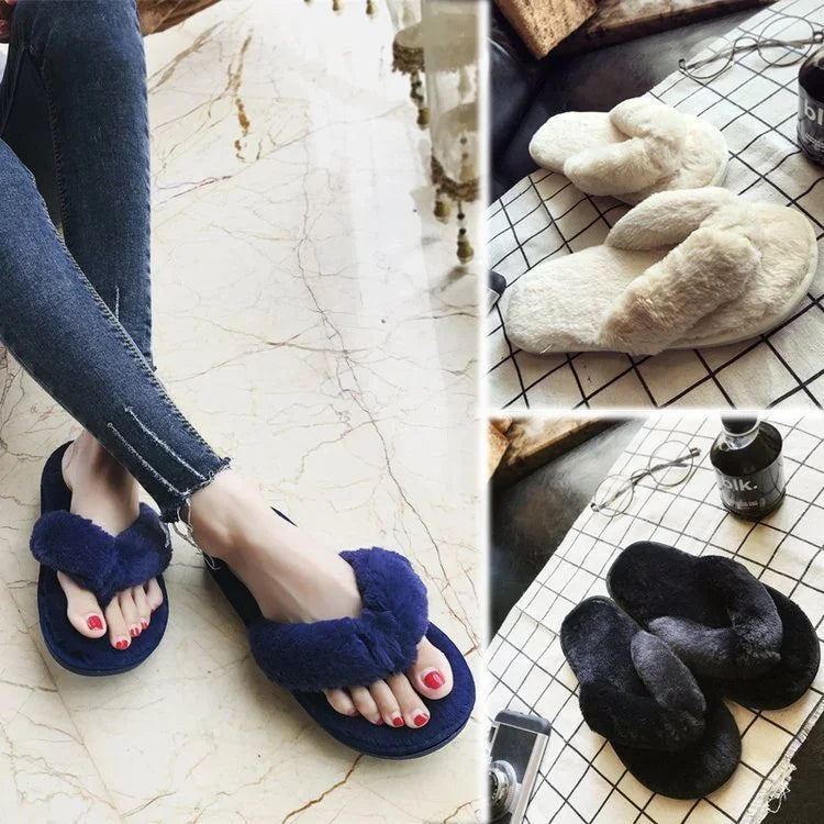 Furry indoor slippers in navy, cream, and black colors on marble floor and checkered cloth