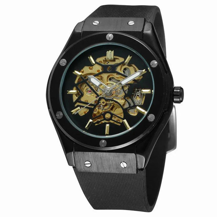 Black skeleton mechanical wristwatch with visible gold gears and black rubber strap
