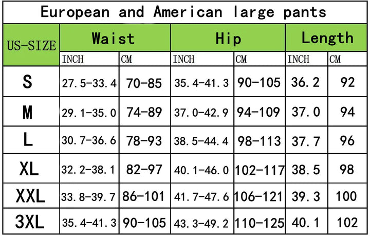 European and American large pants size chart showing waist, hip, and length in inches and cm for S to 3XL