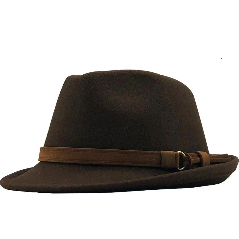 Classic brown fedora hat with a leather strap and metal buckle detail
