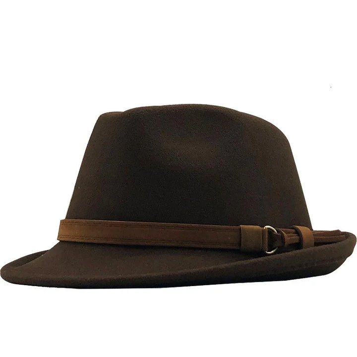 Classic brown fedora hat with a leather strap and metal buckle detail