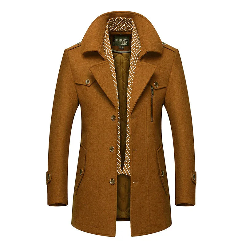 Men's camel brown wool blend coat with collar, button closure, and patterned inner lining