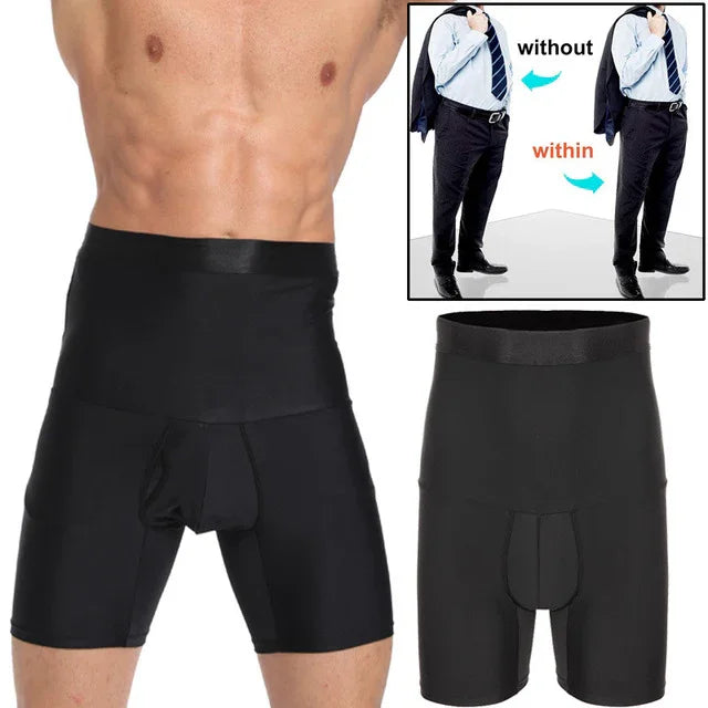 Men's black slimming underwear with high waist for tummy control, shown on model and flat, plus before and after effect on waistline