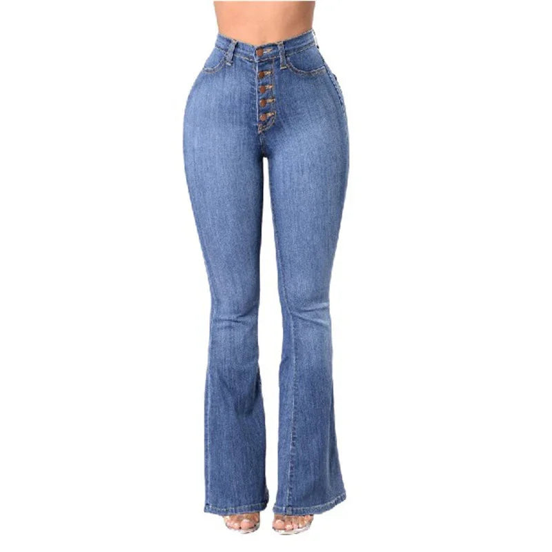 High waist blue flared jeans with button fly on white background