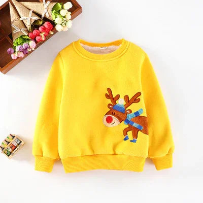 Bright yellow children's sweatshirt with cute reindeer wearing a blue hat and scarf, displayed on white background