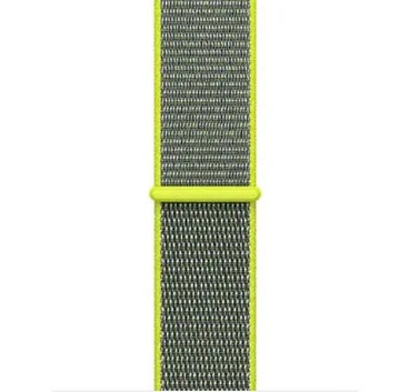 Close-up of gray woven nylon watch band with neon yellow edges and buckle detail