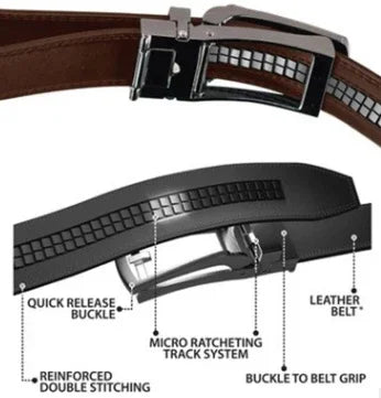 Close-up of brown leather belt with quick release buckle and micro ratcheting track system
