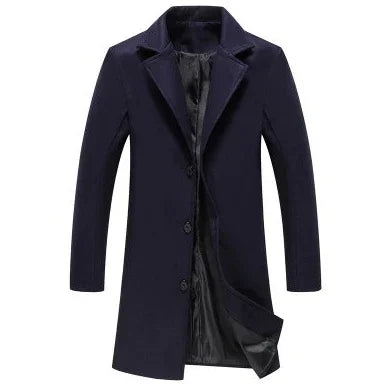 Men's navy blue single-breasted wool coat with notched lapel and black satin lining