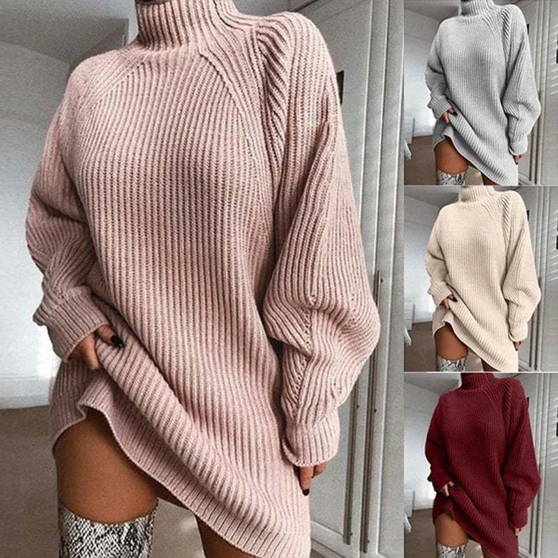 Woman wearing oversized ribbed knit sweater dress with turtleneck in beige, gray, cream, and burgundy colors