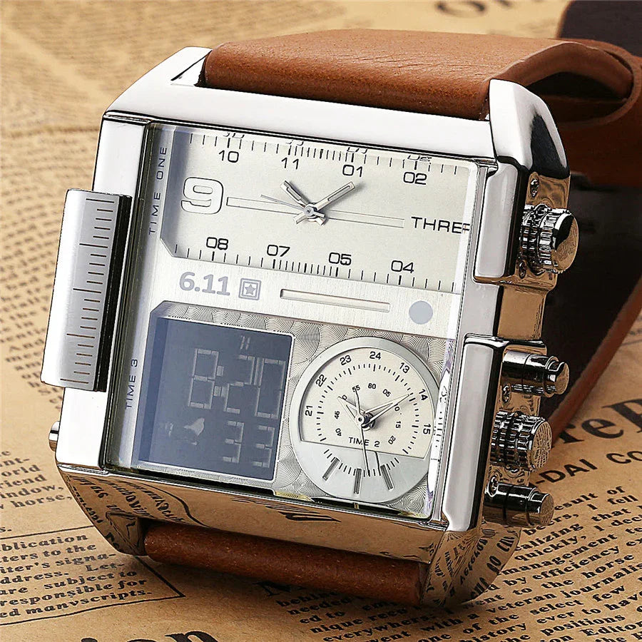 Square silver multi-time zone wristwatch with brown leather strap on vintage newspaper background