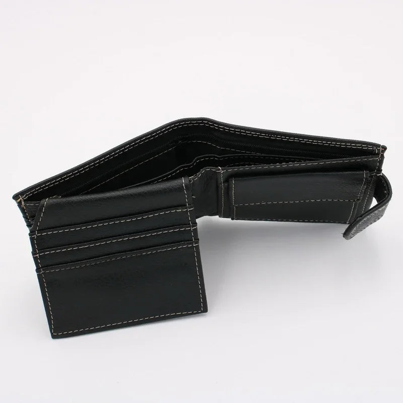 Black leather bifold wallet with white stitching, multiple card slots, and coin pocket