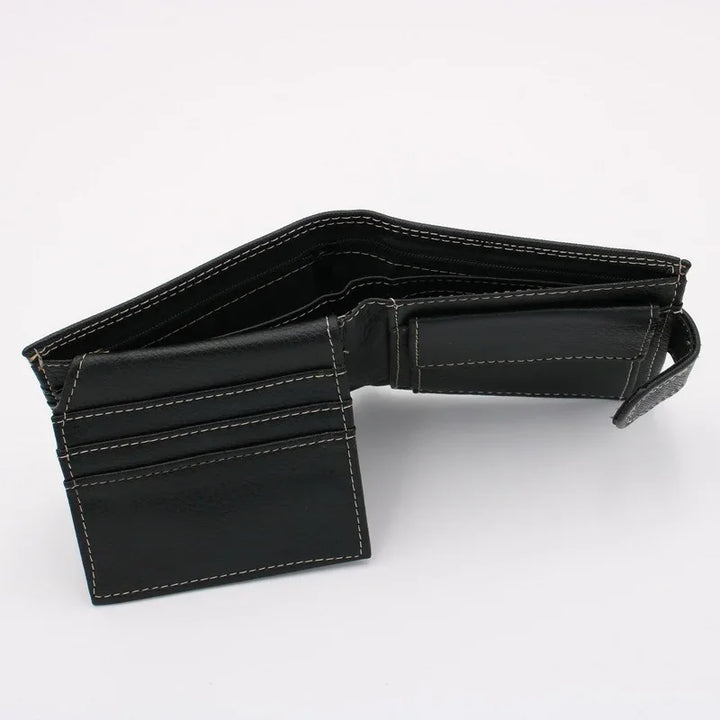 Black leather bifold wallet with white stitching, multiple card slots, and coin pocket