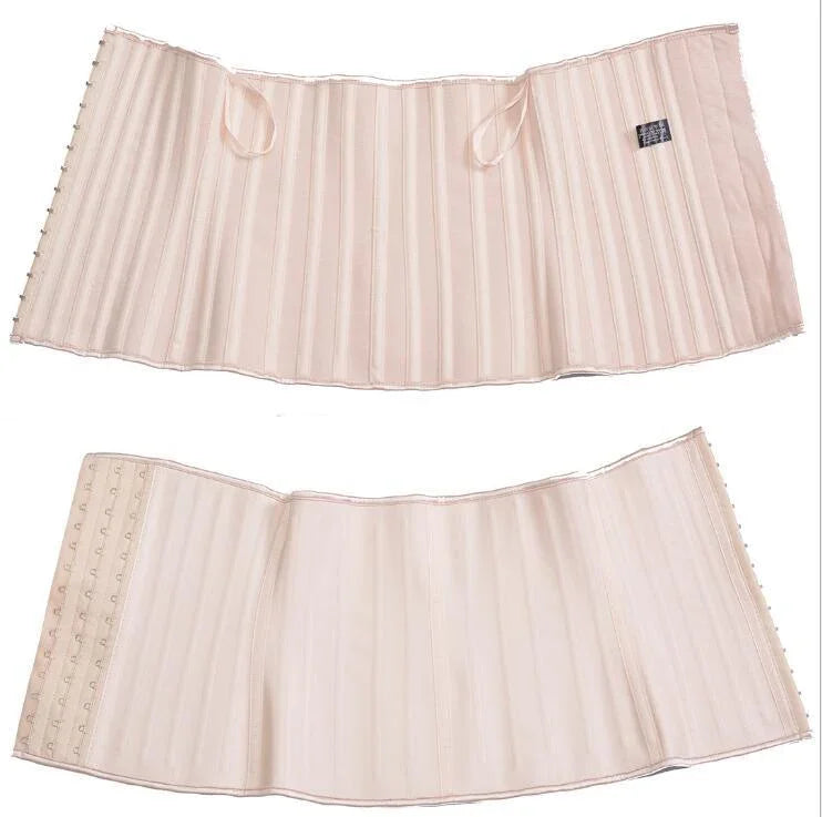 Beige waist trainer corset with hook-and-eye closures and steel boning shown from front and back