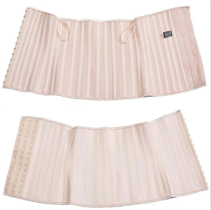 Beige waist trainer corset with hook-and-eye closures and steel boning shown from front and back