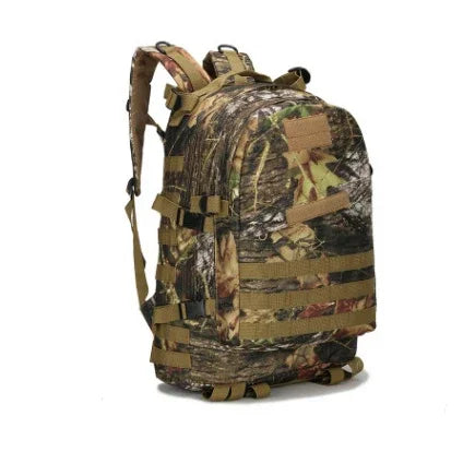 camouflage tactical backpack with multiple straps and padded shoulder straps