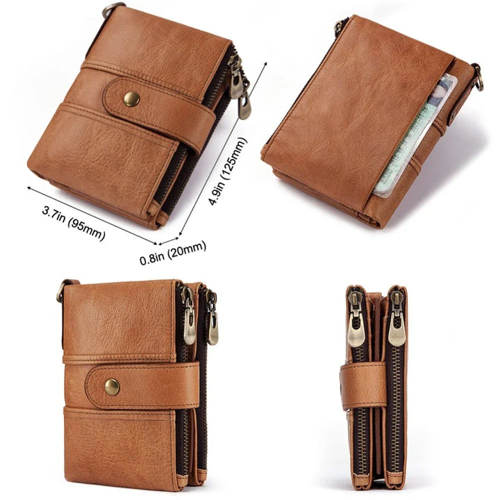 Compact brown leather wallet with zipper and snap button, measuring 4.9x3.7x0.8 inches