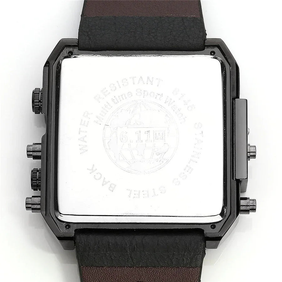 Back of a square multi-time sport watch with stainless steel case and black and brown leather strap