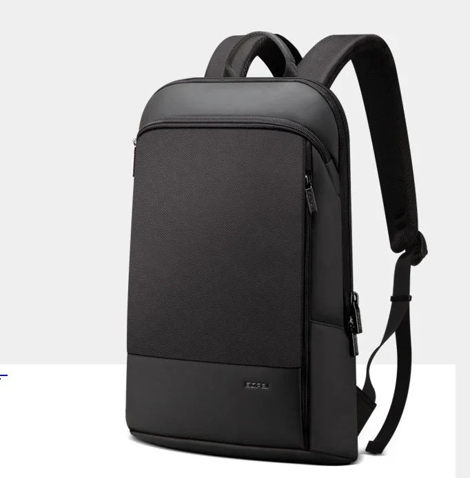 Sleek black slim backpack with padded straps and multiple zippered compartments