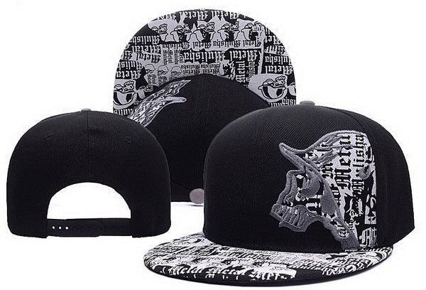 Black snapback hat with white Gothic text pattern and skull graphic on front and under brim
