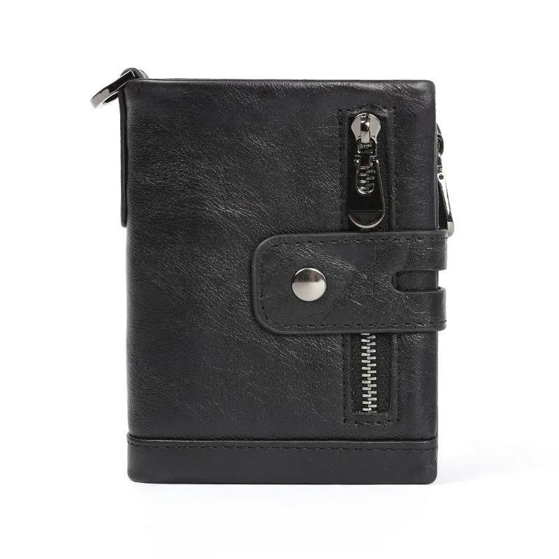 Black leather men's wallet with front zipper pocket and snap button closure