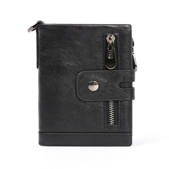 Black leather men's wallet with front zipper pocket and snap button closure