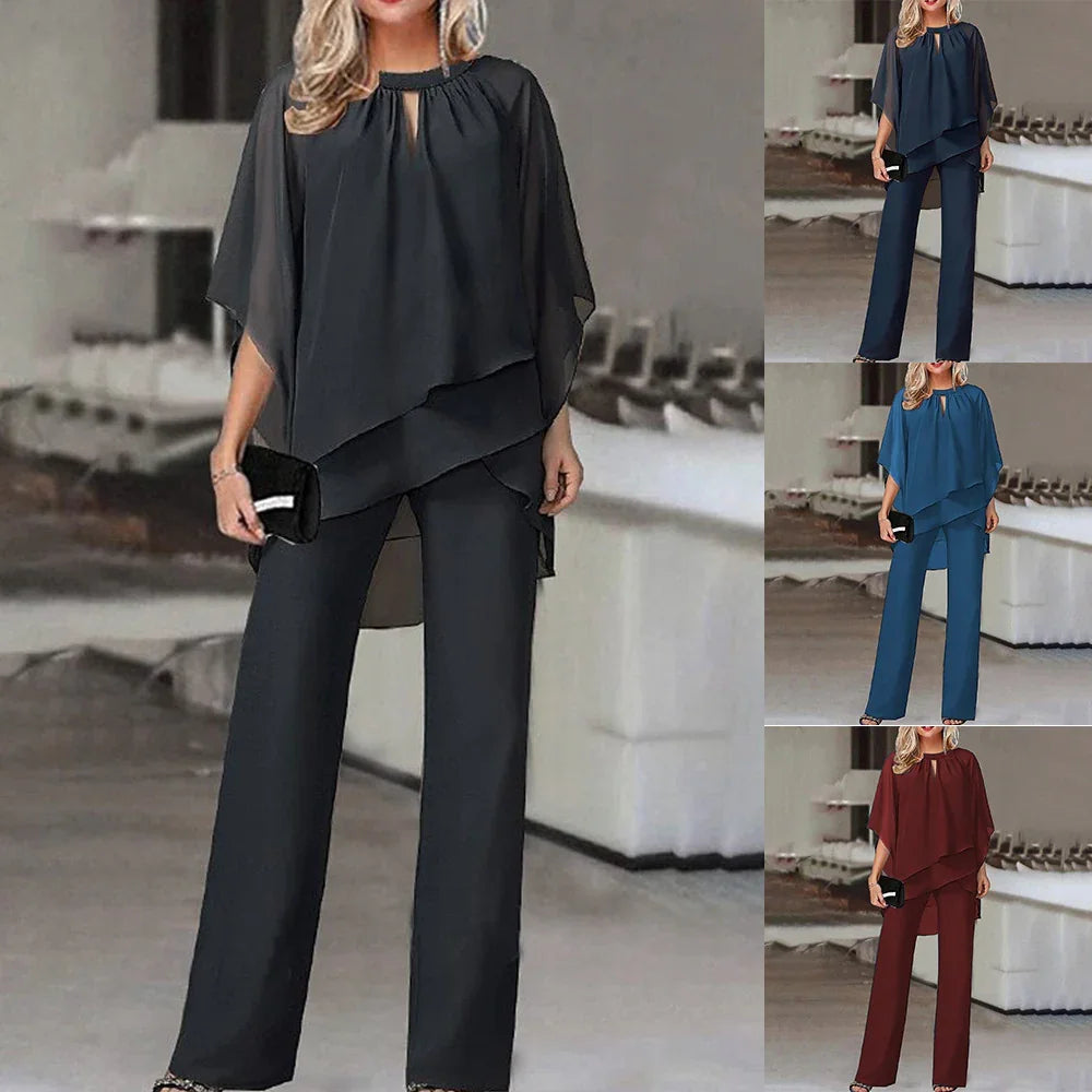 Woman wearing layered chiffon top and wide-leg pants outfit in black, navy blue, and burgundy colors