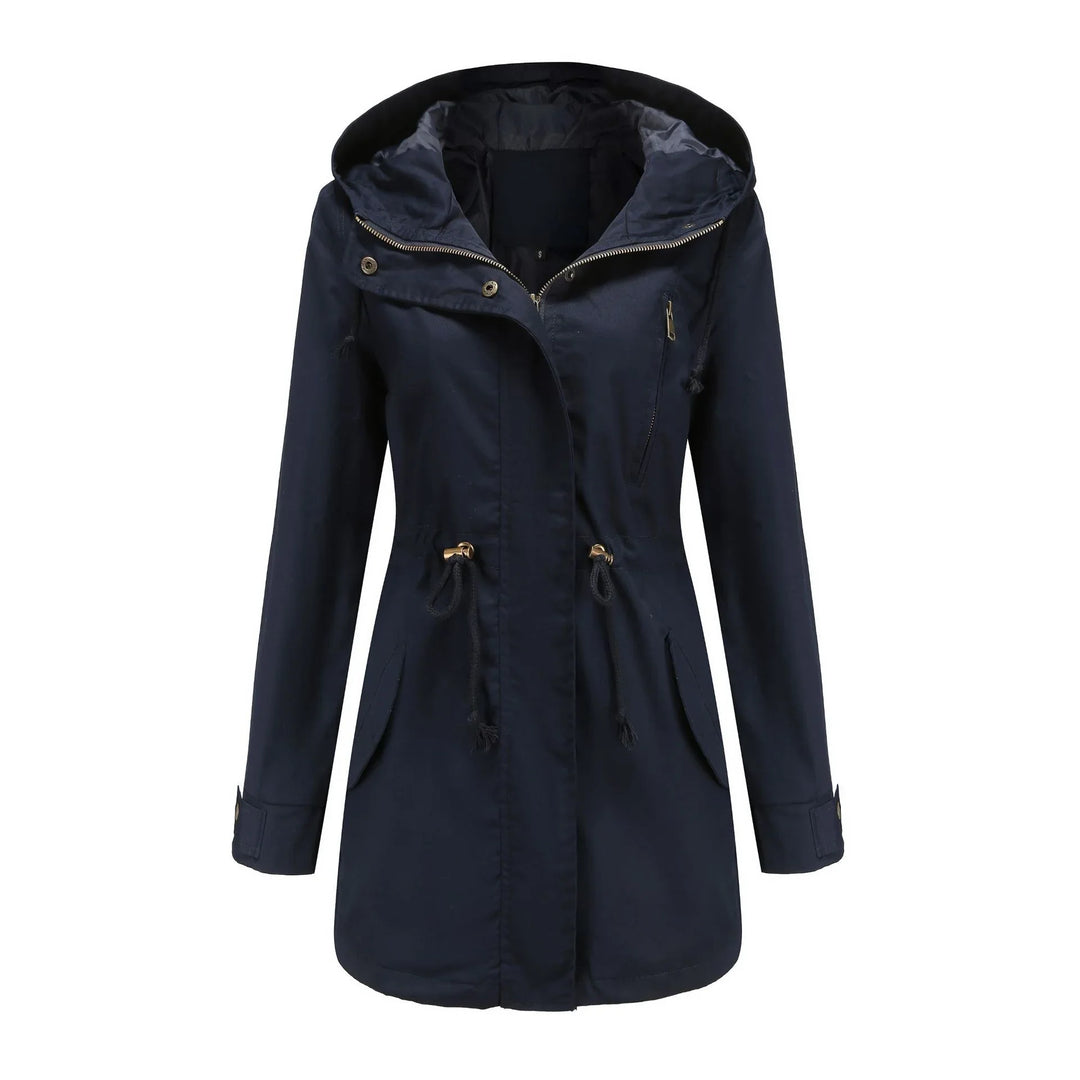 Navy blue women's hooded anorak jacket with drawstring waist and zippered chest pocket