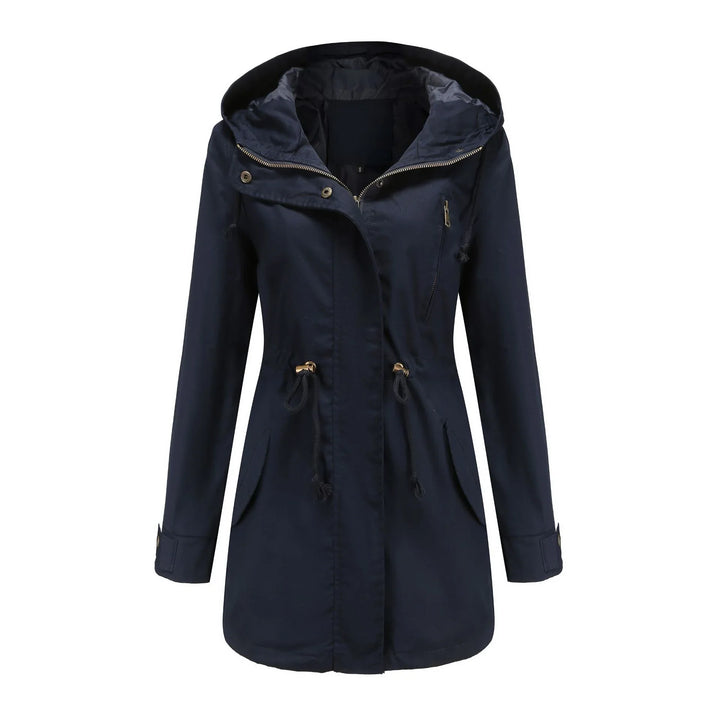 Navy blue women's hooded anorak jacket with drawstring waist and zippered chest pocket