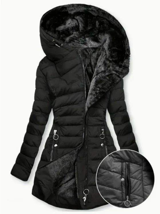 Black padded women's winter coat with faux fur lining, hood, and zippered pockets