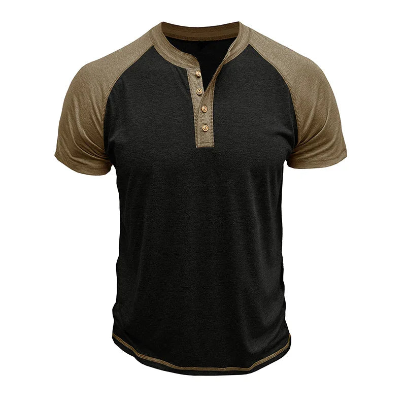 Men's short sleeve henley shirt with black body and brown raglan sleeves and button placket