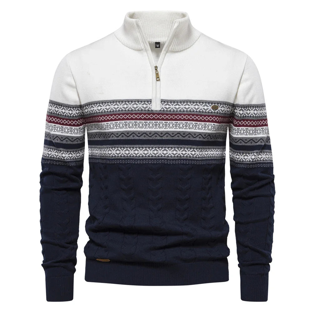 Men's half-zip winter sweater with multicolor patterned stripes in white, red, gray, and navy